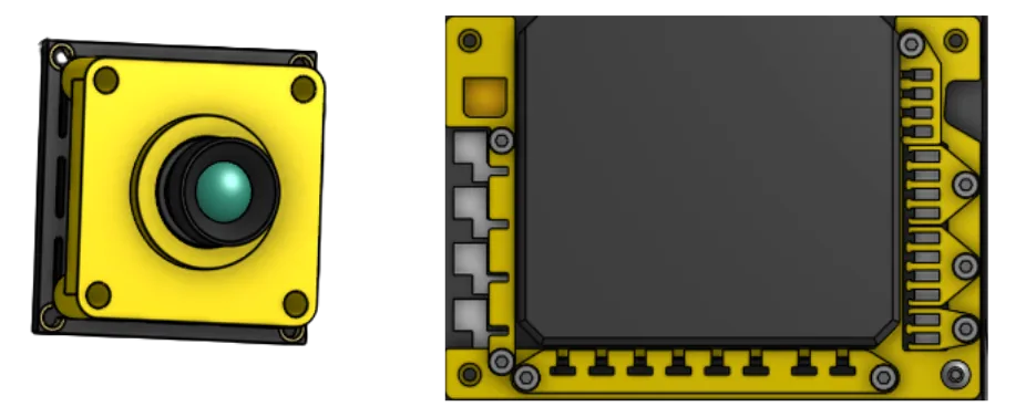CAD render of two yellow 3D-printed cases, one around a camera and one around a control hub