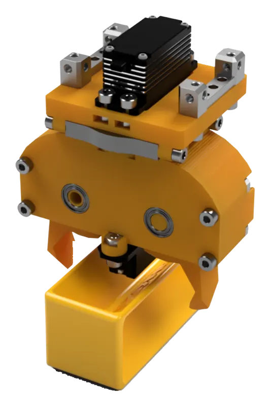 CAD render of the Solvers Claw: an orange 3D-printed claw and wrist with a servo on top, holding a yellow sample