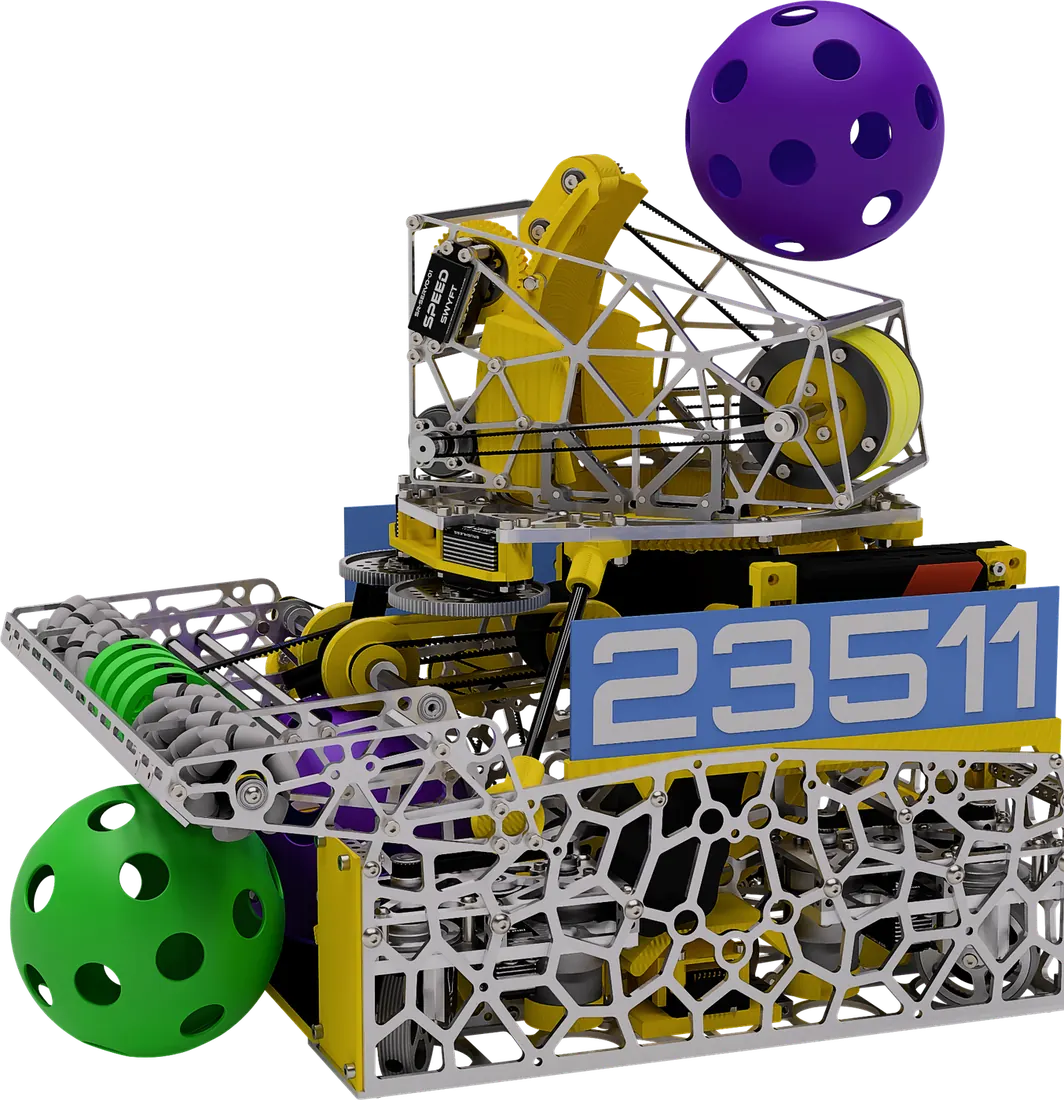 CAD render of Cypher v2: a turreted launcher above a swerve chassis with Voronoi-cut aluminum side plates and a blue 23511 number plate, a green and a purple game ball beside it