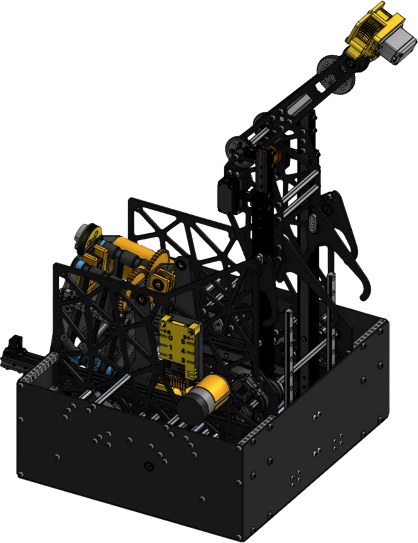 CAD render of Octonaut: a black carbon fiber box chassis with gold 3D-printed parts, and a tall tower with hooks carrying an arm with a yellow claw at its tip