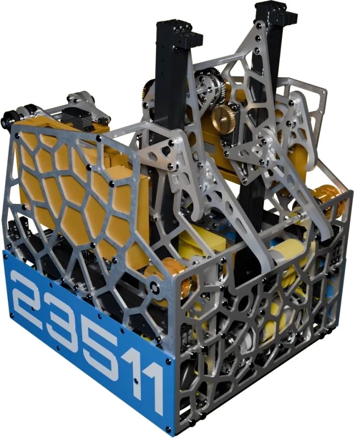 Render of Riptide v1: bare aluminum Voronoi side plates over gold 3D-printed panels, two black linear slides rising from the chassis and a blue 23511 plate